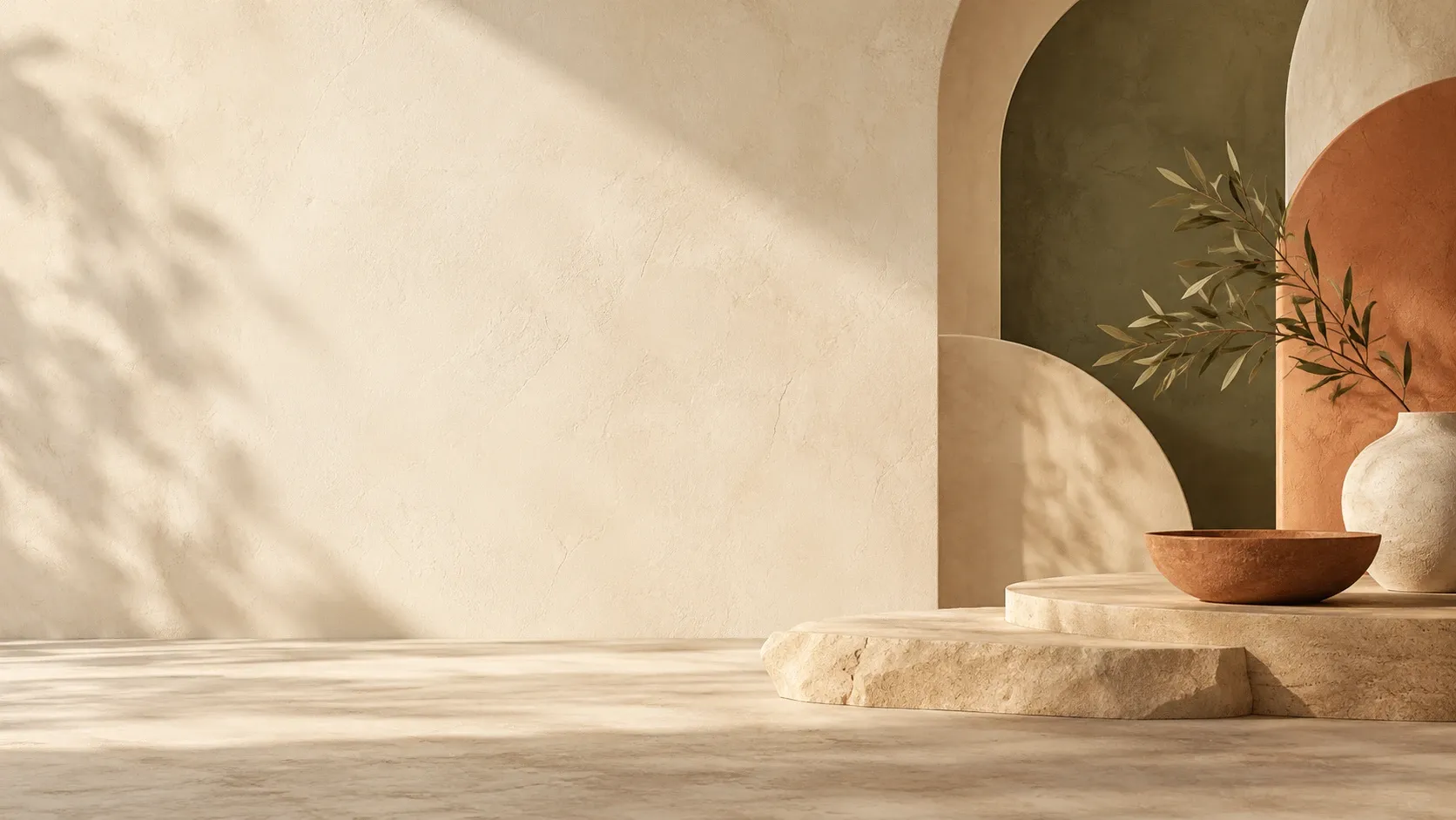 Sunlit plaster wall with arches, a clay bowl and an olive branch